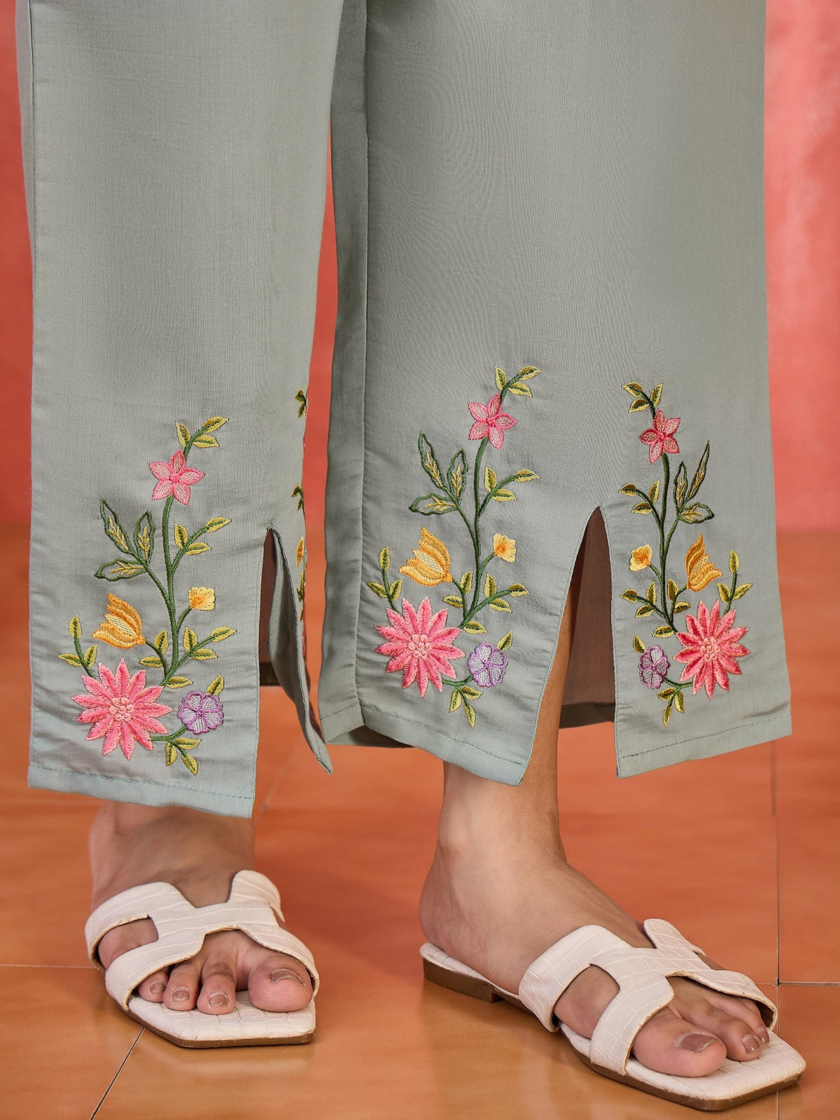 Grey Silk Embroidered Kaftan-Style Kurta Set for Women