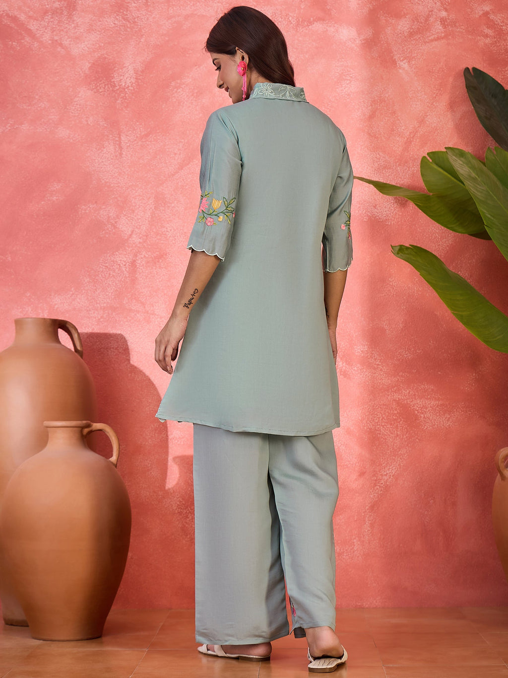 Grey Silk Embroidered Kaftan-Style Kurta Set for Women