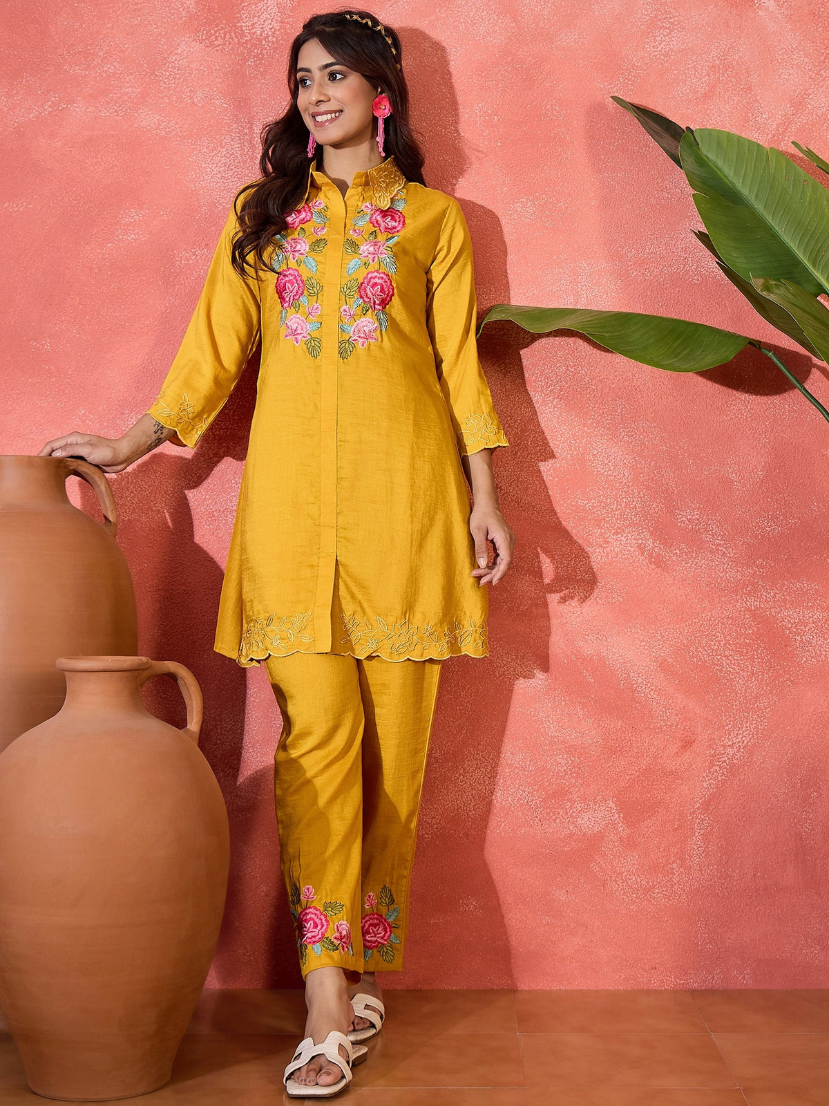 Mustard Silk Embroidered Kaftan-Style Kurta Set