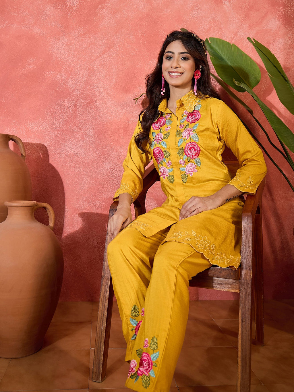 Mustard Silk Embroidered Kaftan-Style Kurta Set