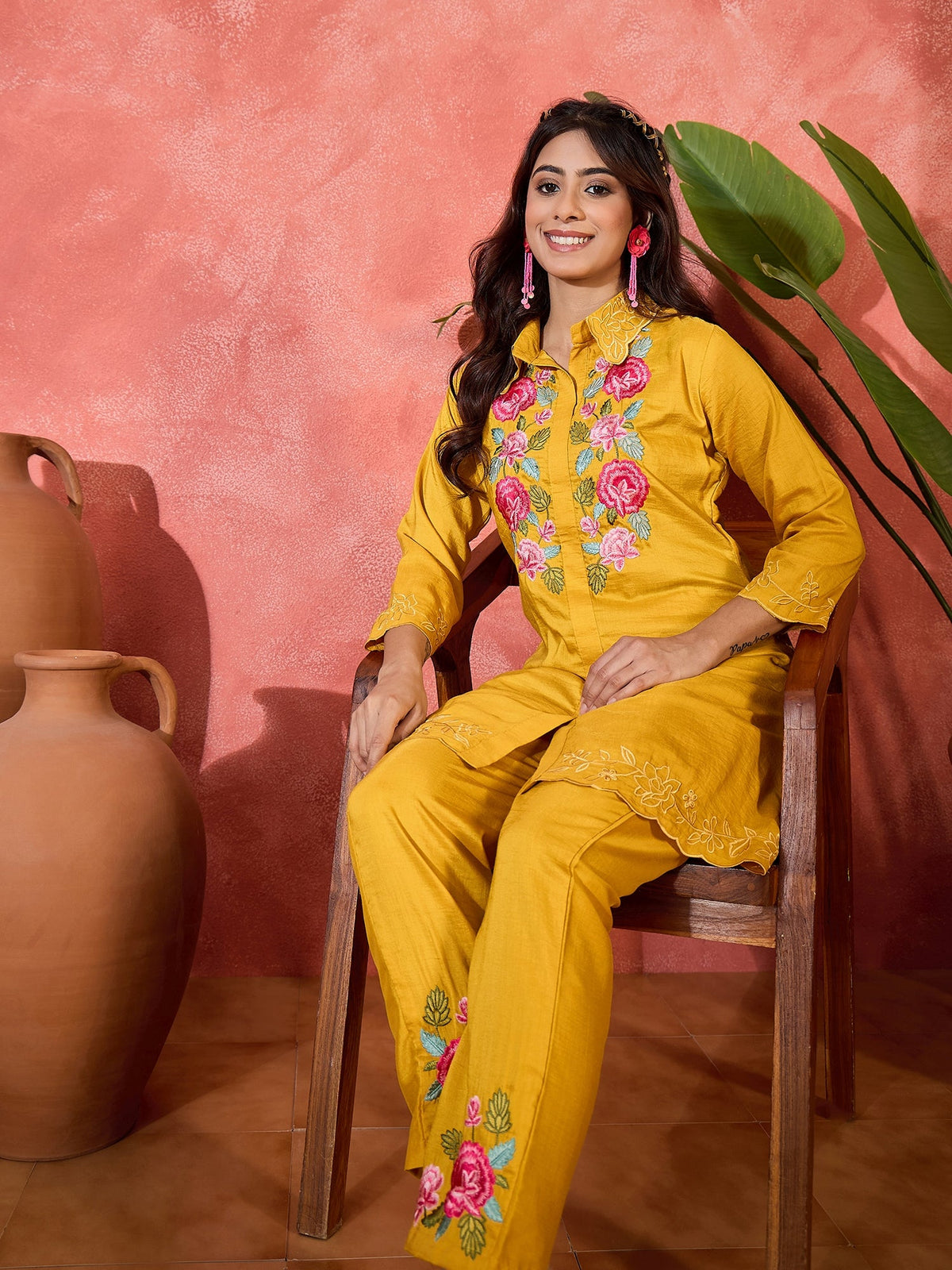Mustard Silk Embroidered Kaftan-Style Kurta Set