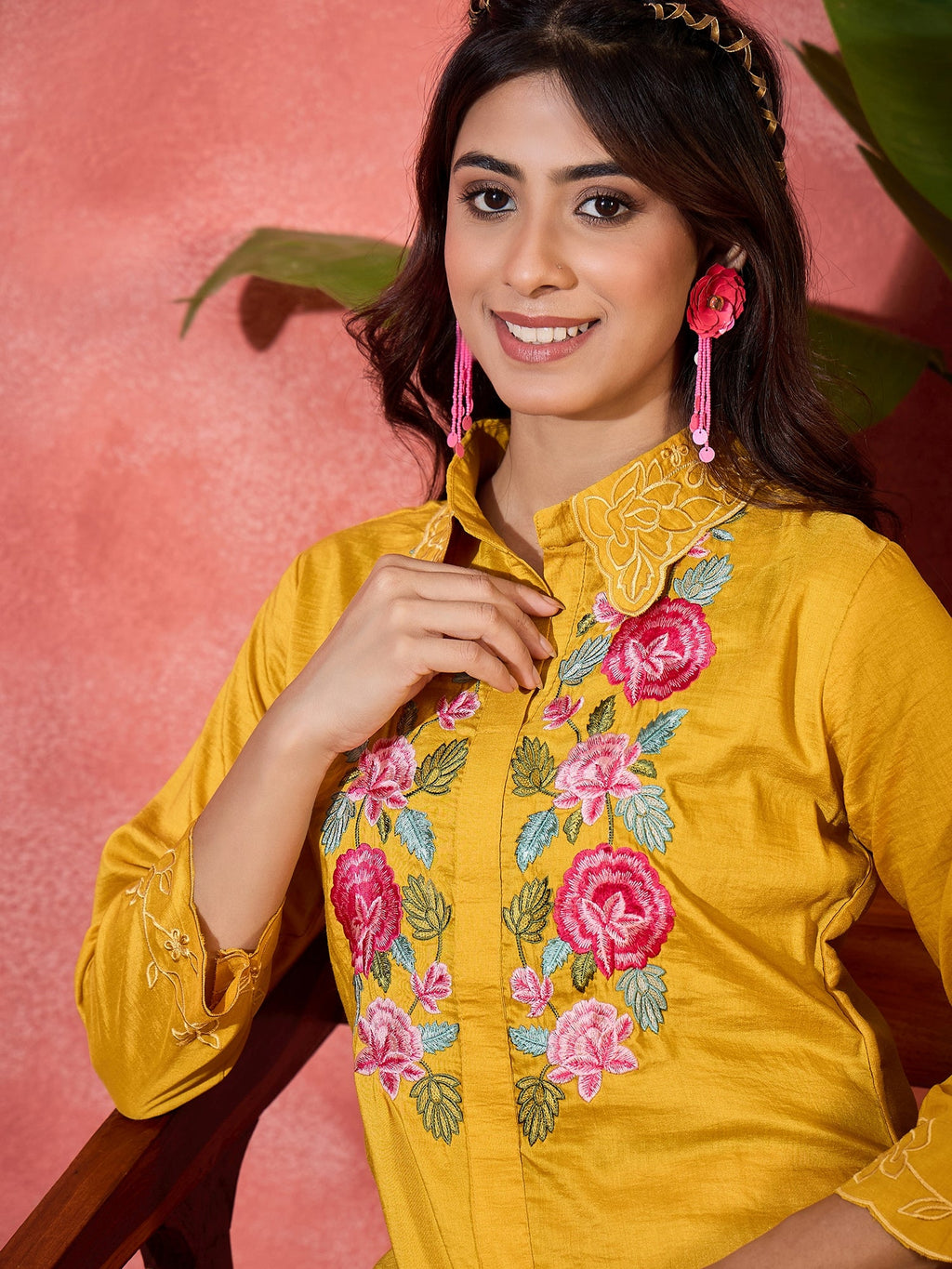 Mustard Silk Embroidered Kaftan-Style Kurta Set