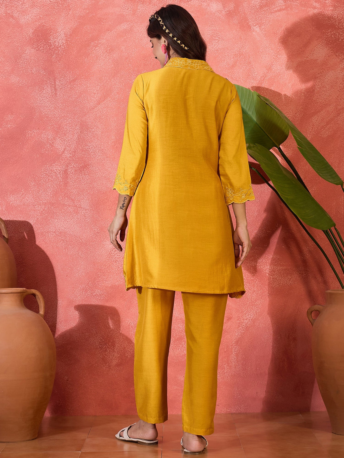 Mustard Silk Embroidered Kaftan-Style Kurta Set