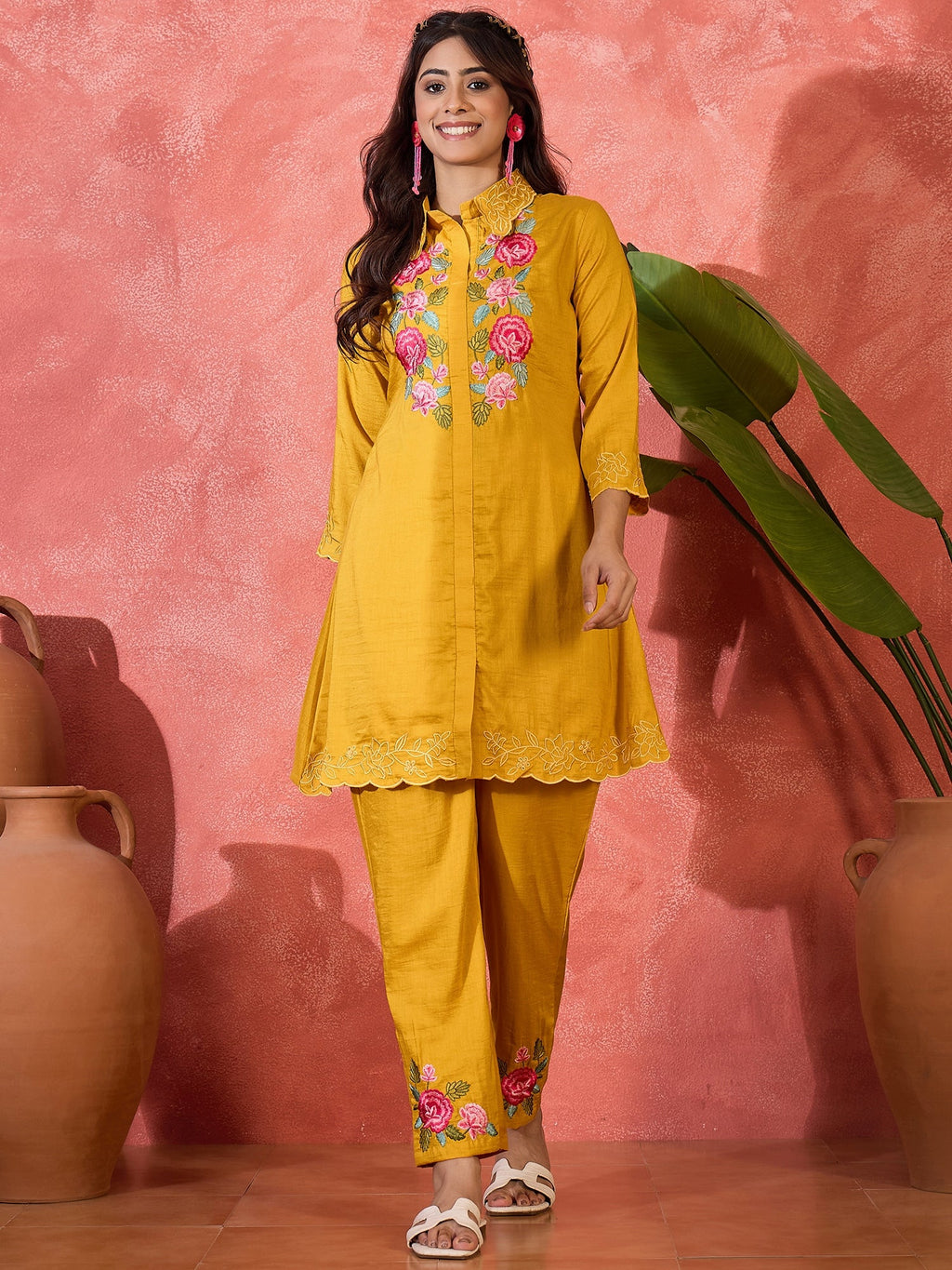 Mustard silk kaftan-style kurta with artistic embroidery