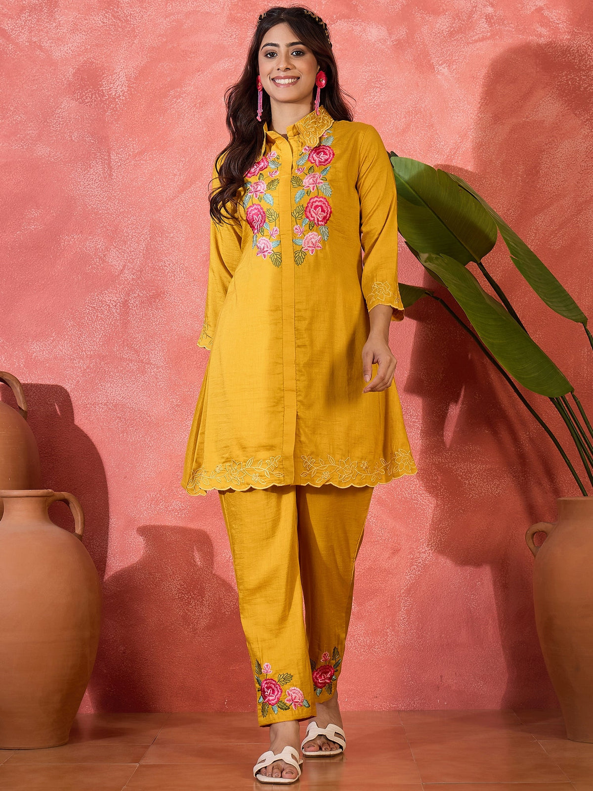 Mustard silk kaftan-style kurta with artistic embroidery