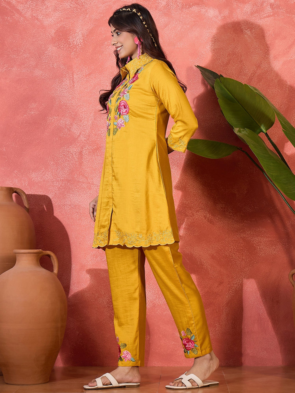 Mustard Silk Embroidered Kaftan-Style Kurta Set