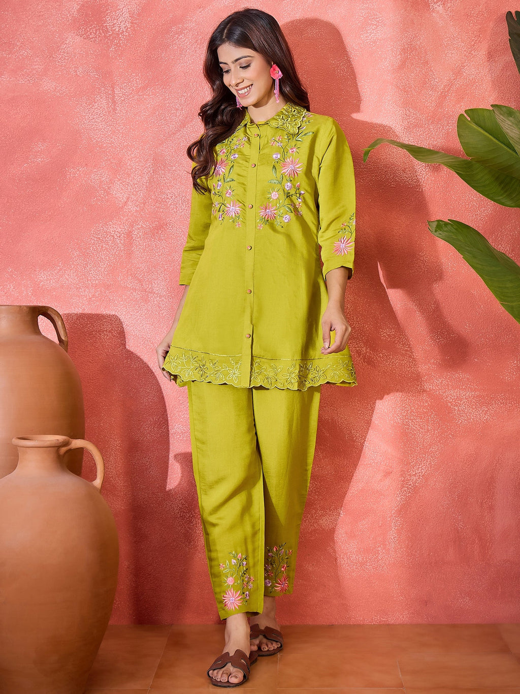 Green Silk Embroidered Kaftan Kurta Set - Elegant Ethnic Wear