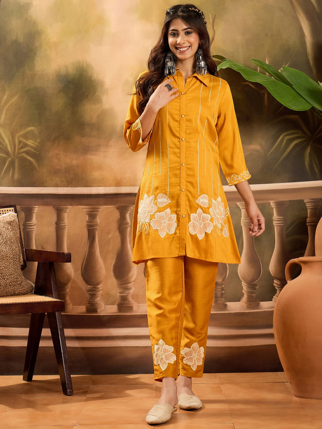Mustard silk kaftan-style kurta with artistic embroidery details