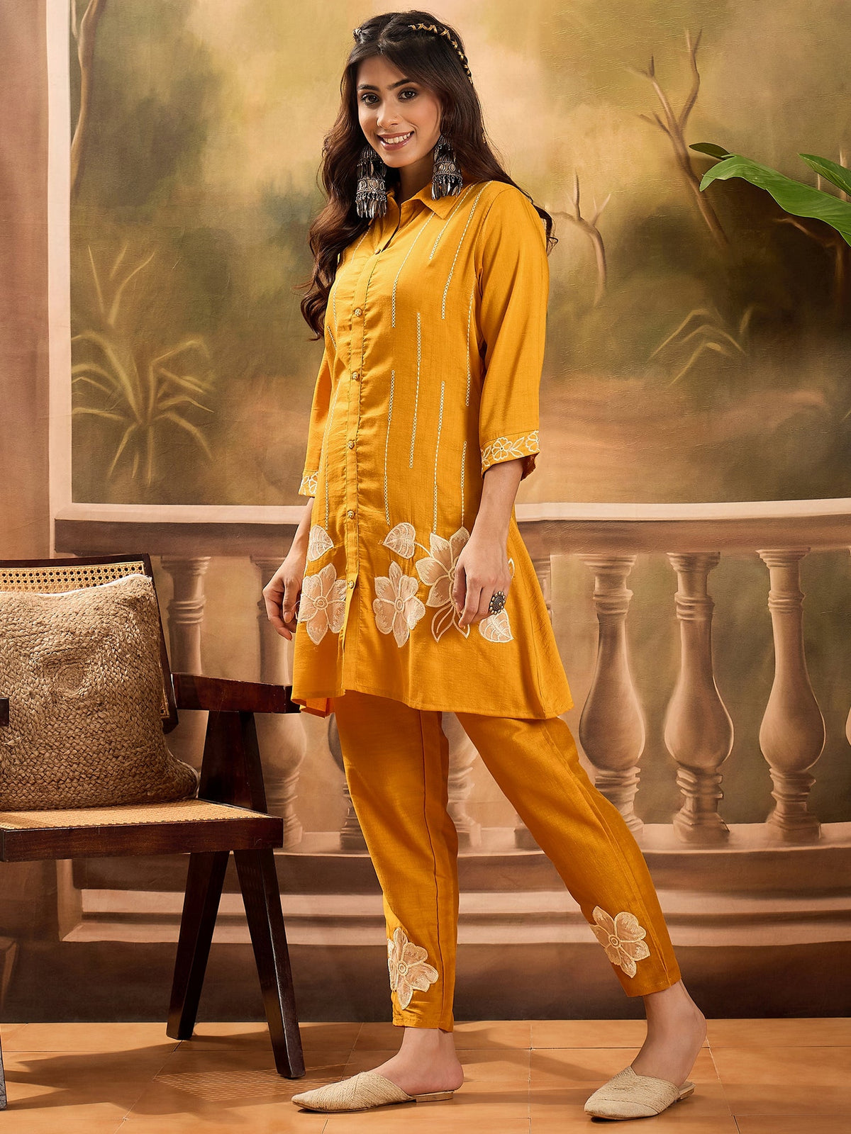 Mustard Silk Embroidered Kaftan Kurta Set