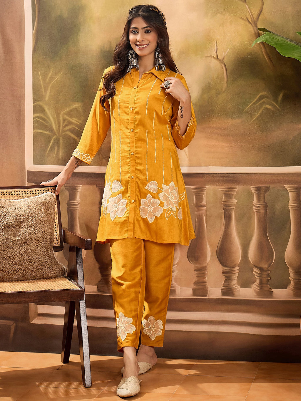 Mustard Silk Embroidered Kaftan Kurta Set