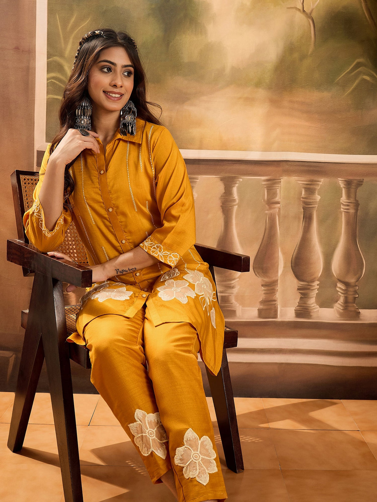 Mustard Silk Embroidered Kaftan Kurta Set