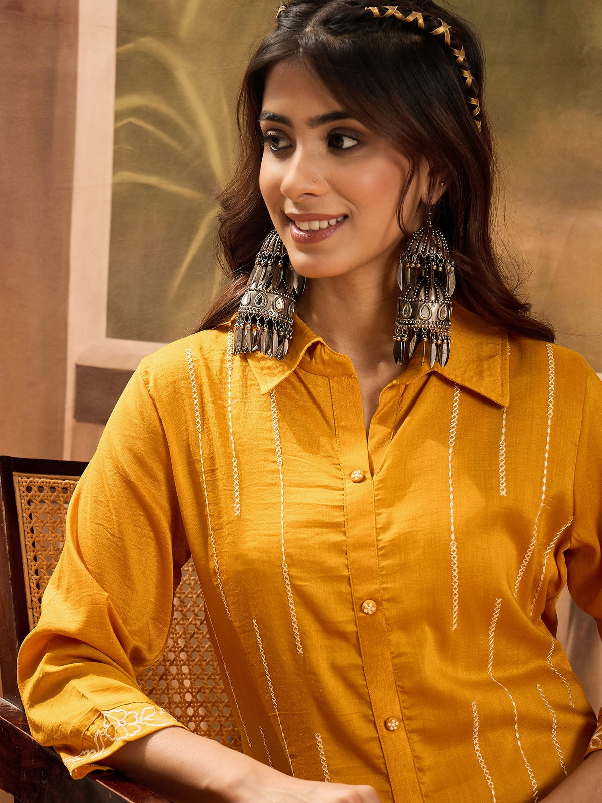 Mustard Silk Embroidered Kaftan Kurta Set