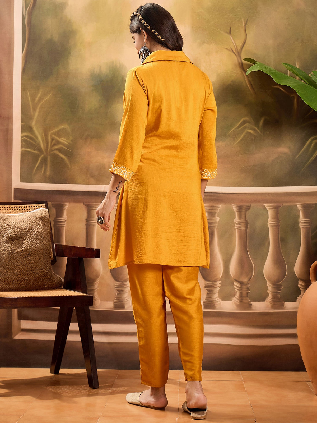 Mustard Silk Embroidered Kaftan Kurta Set