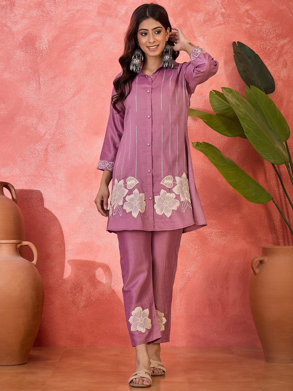 Deep purple silk kaftan-style kurta featuring beautiful embroidery