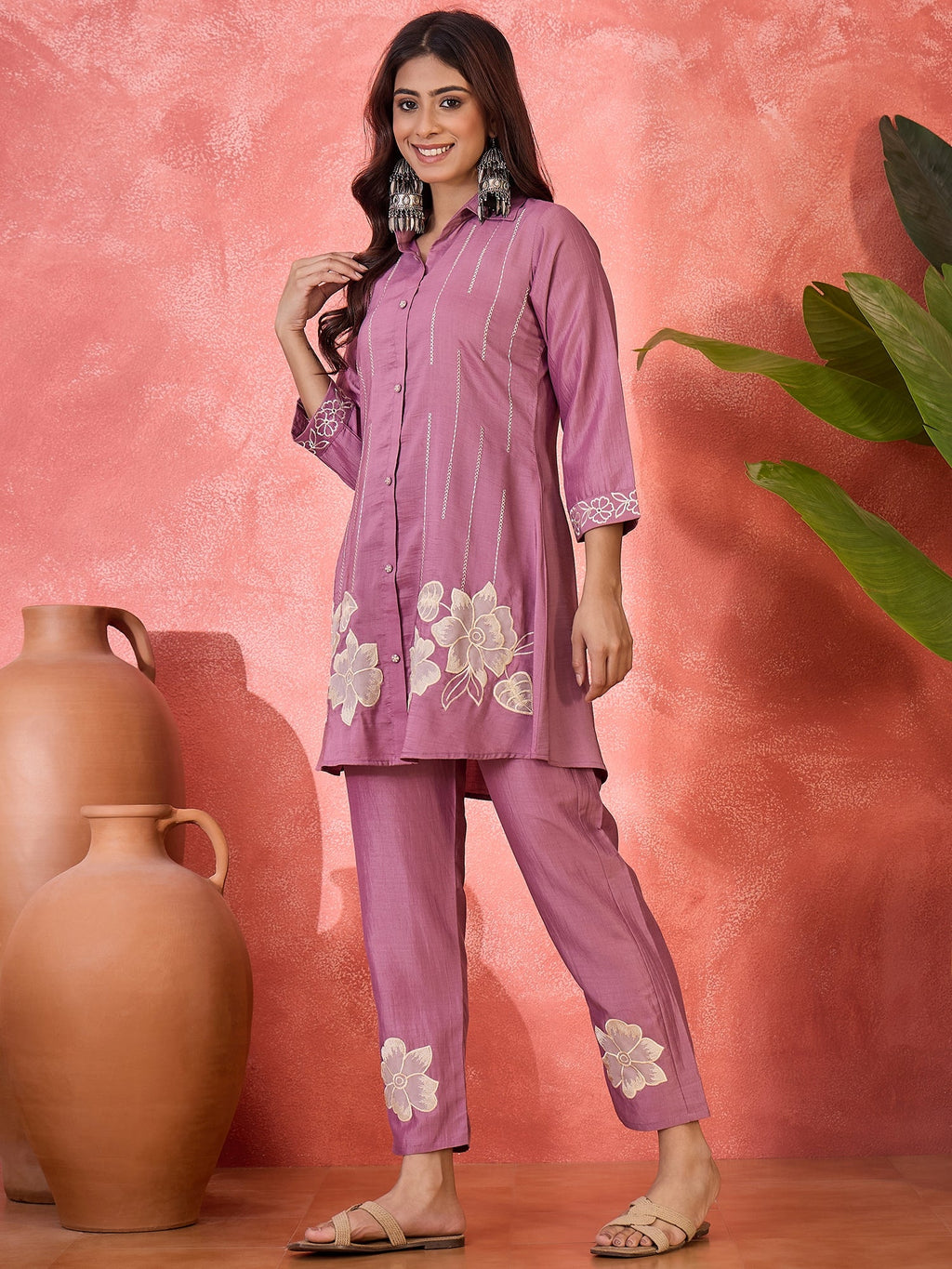 Purple Silk Embroidered Kaftan-Style Kurta Set