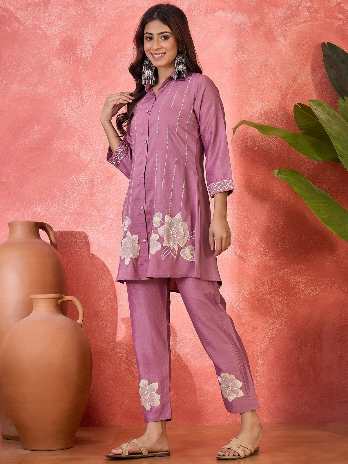 Purple Silk Embroidered Kaftan-Style Kurta Set