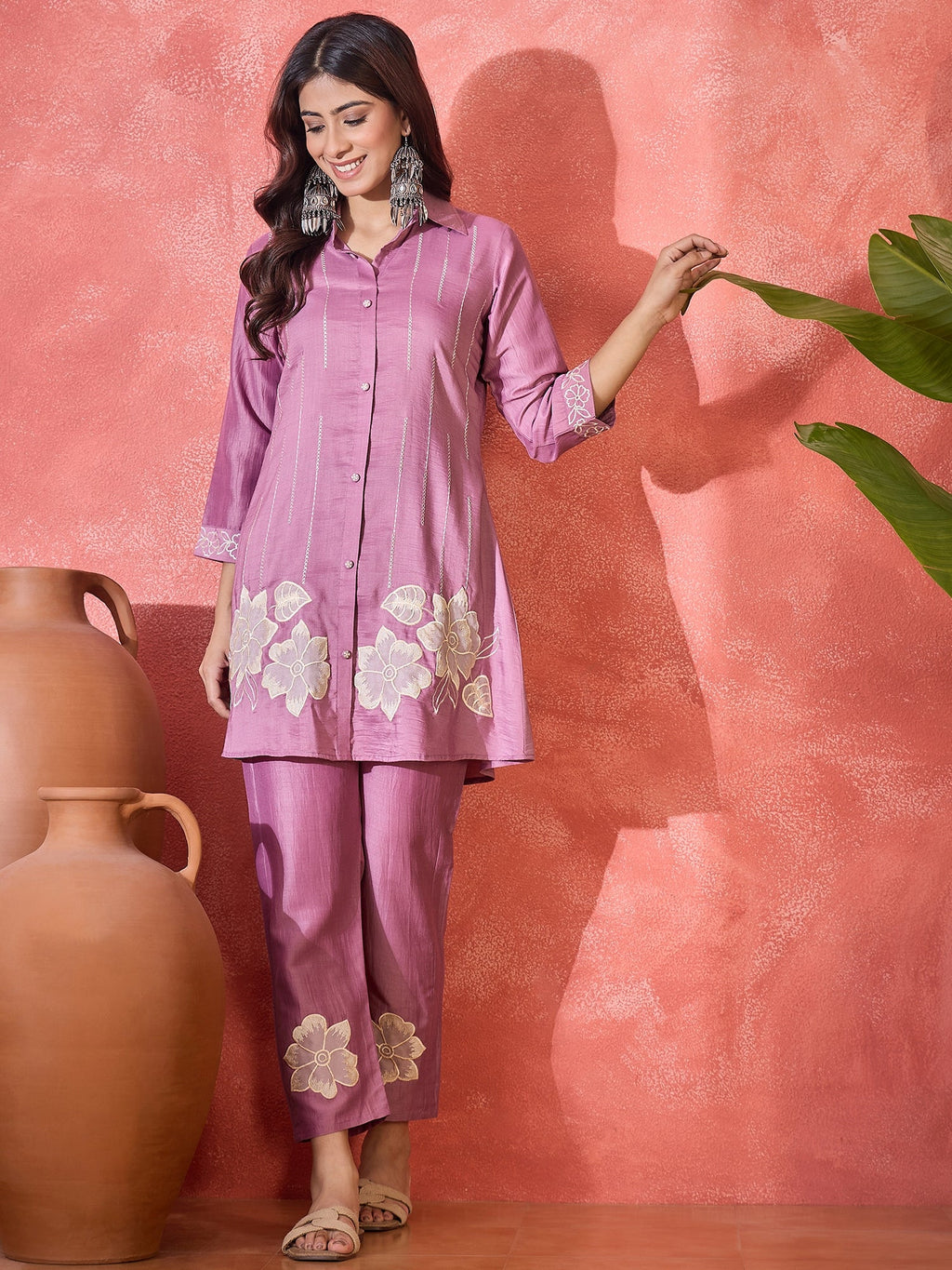 Purple Silk Embroidered Kaftan-Style Kurta Set
