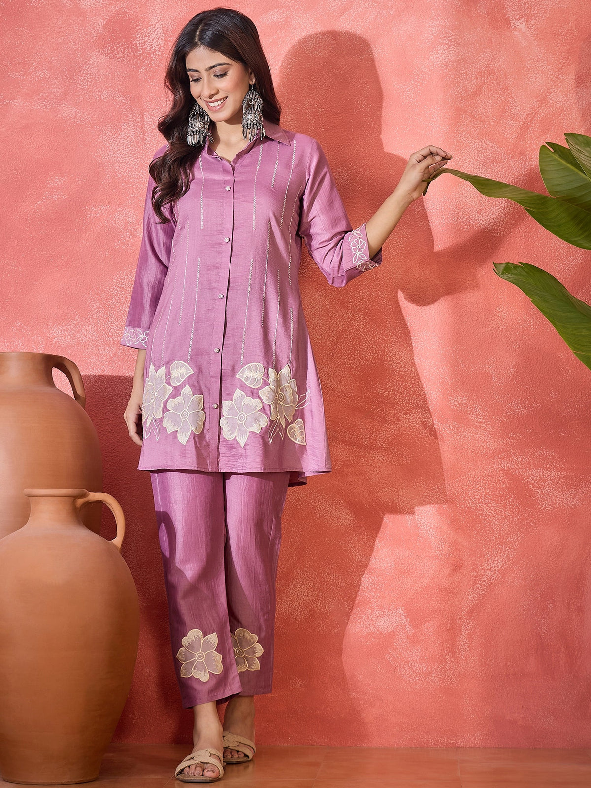 Purple Silk Embroidered Kaftan-Style Kurta Set