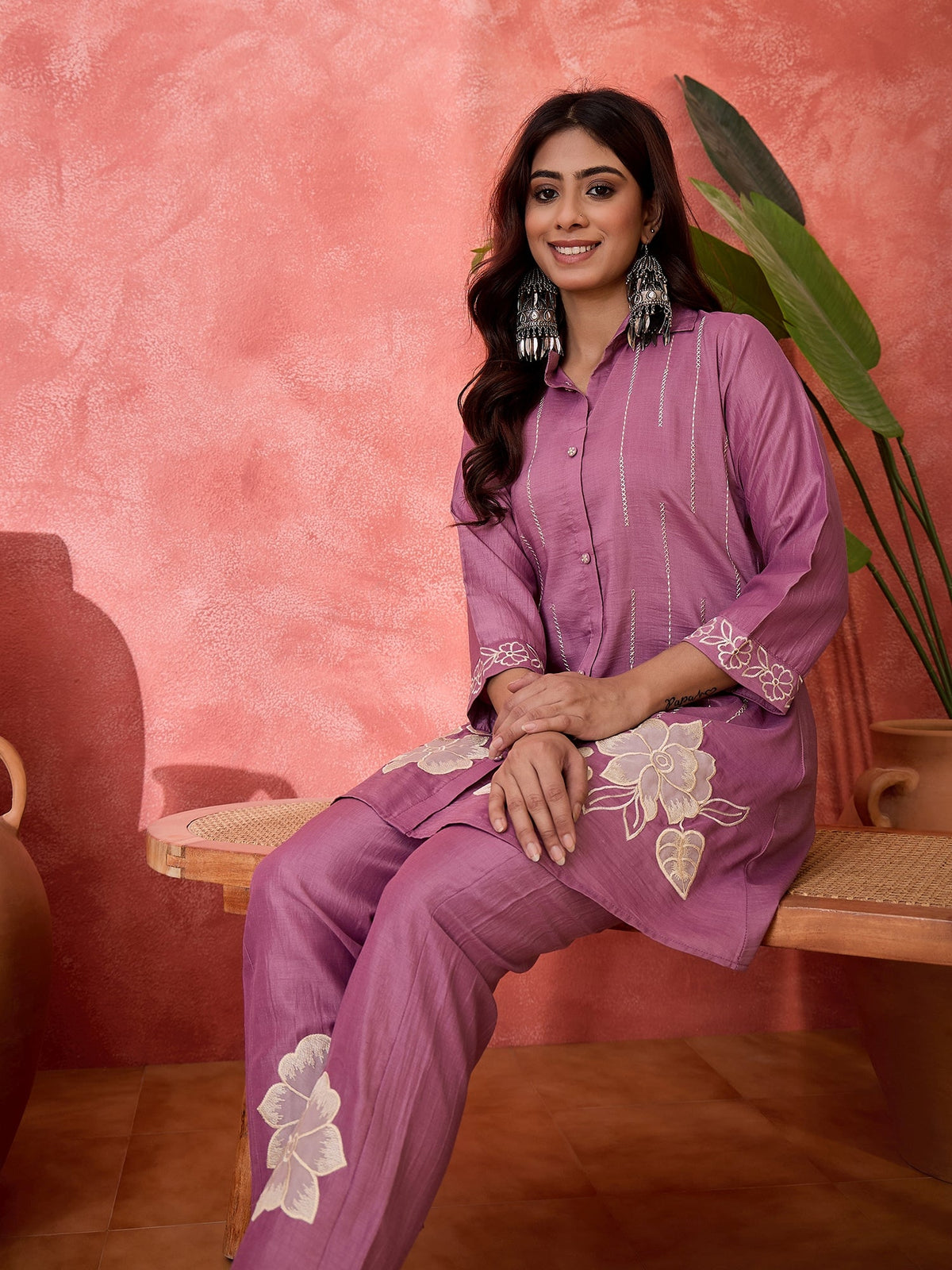 Purple Silk Embroidered Kaftan-Style Kurta Set
