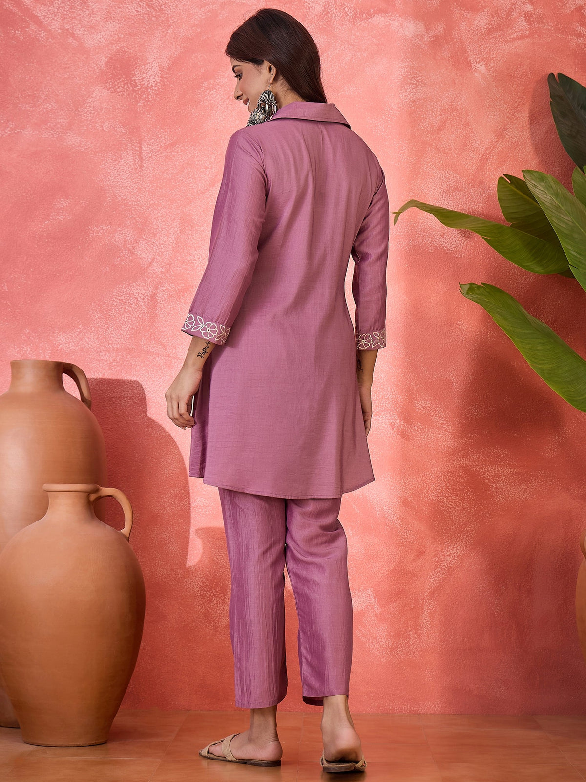 Purple Silk Embroidered Kaftan-Style Kurta Set