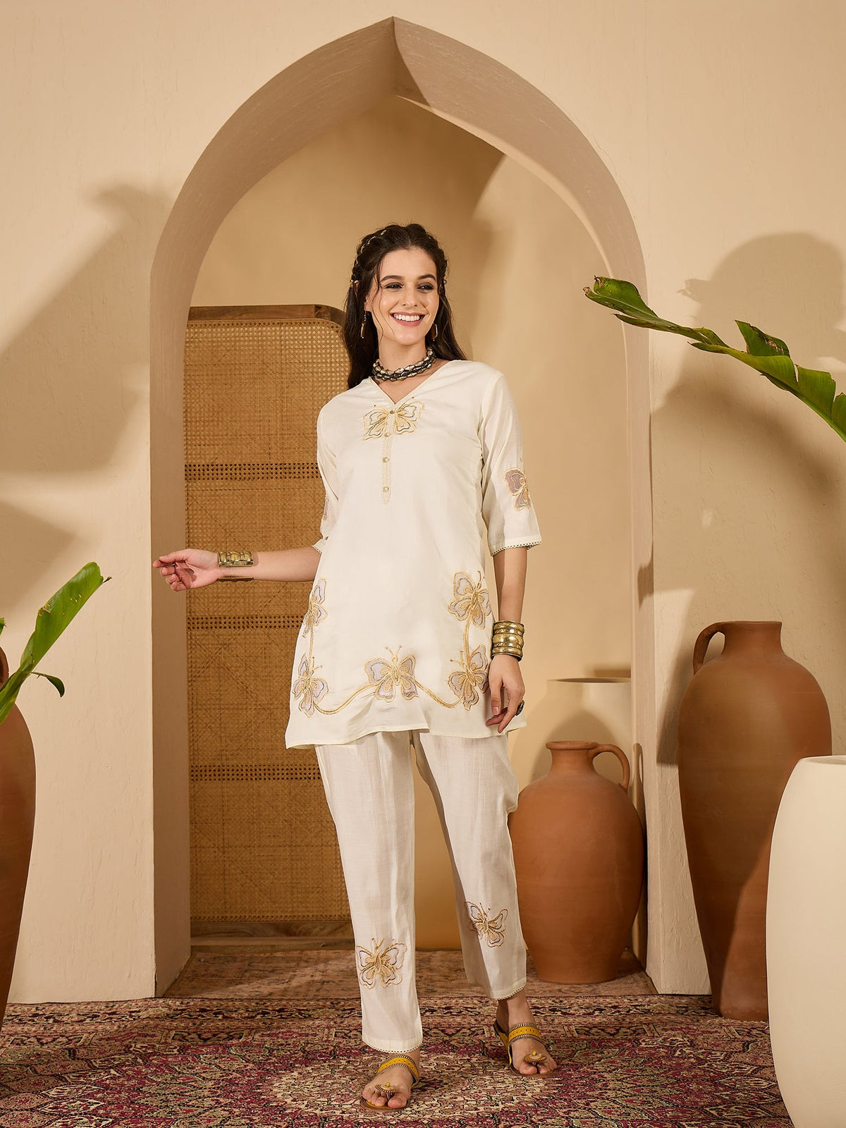 Off White Silk Embroidered Kaftan Kurta Set for Women