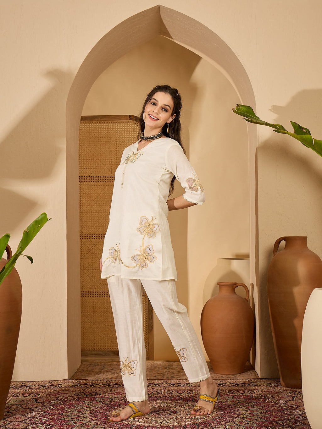Off White Silk Embroidered Kaftan Kurta Set for Women