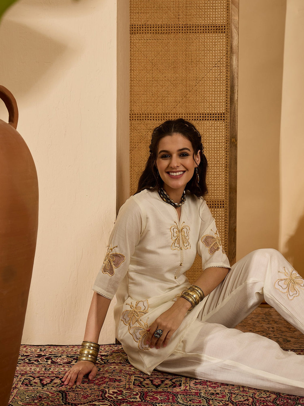 Off White Silk Embroidered Kaftan Kurta Set for Women