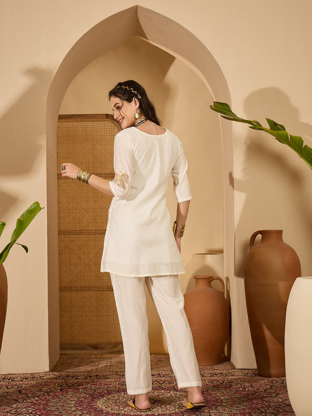 Off White Silk Embroidered Kaftan Kurta Set for Women
