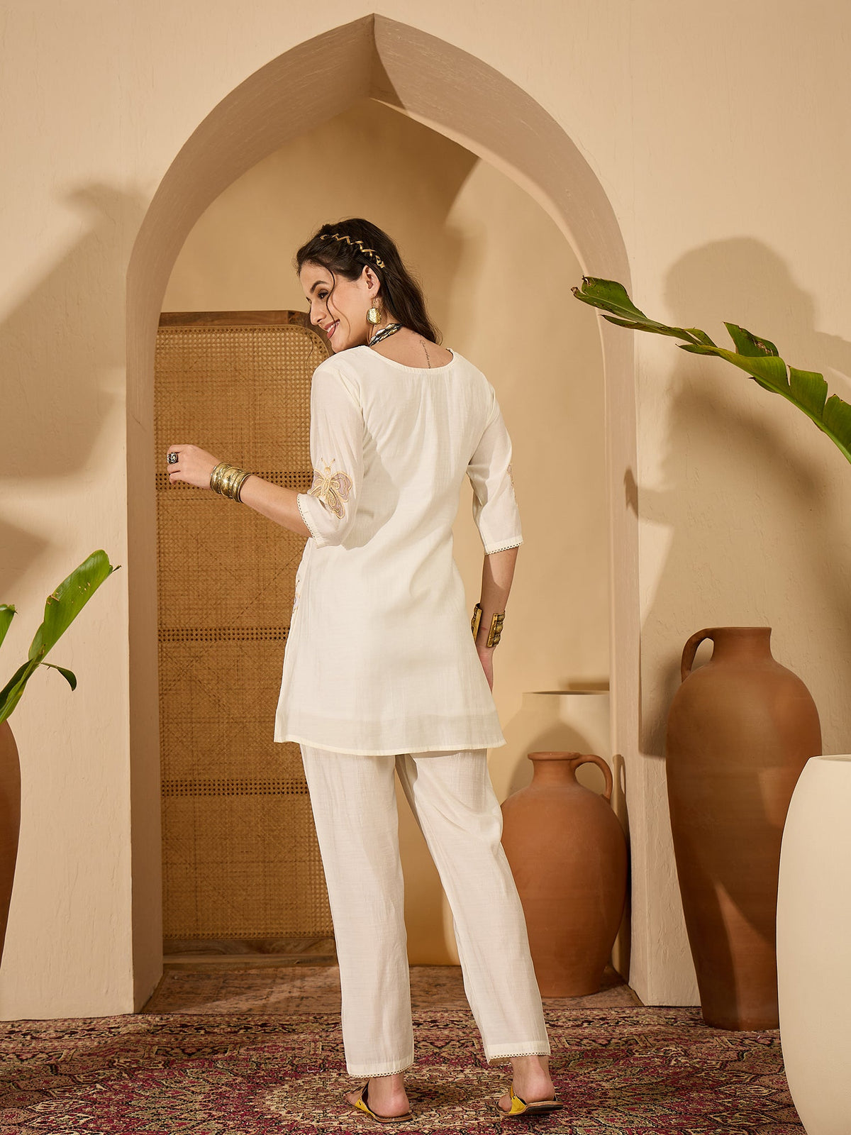 Off White Silk Embroidered Kaftan Kurta Set for Women