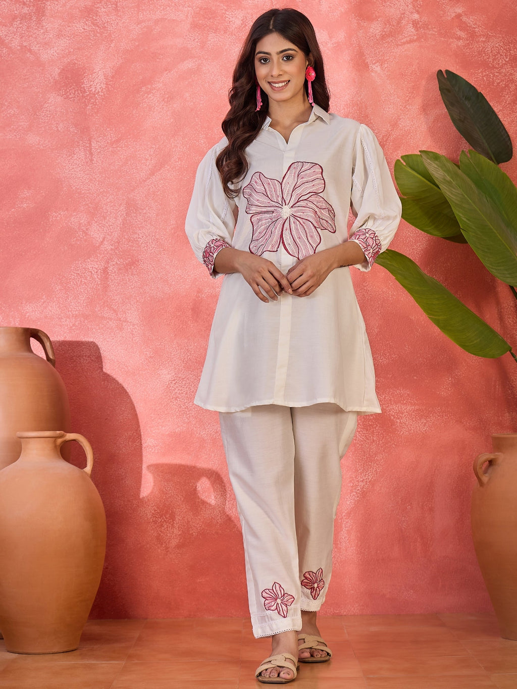 Off-white silk kaftan-style kurta set with elegant embroidery