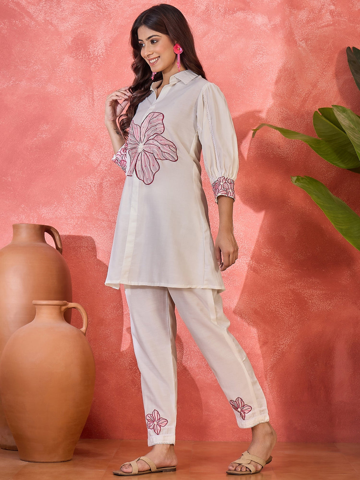 Off White Silk Embroidered Kaftan-Style Kurta Set