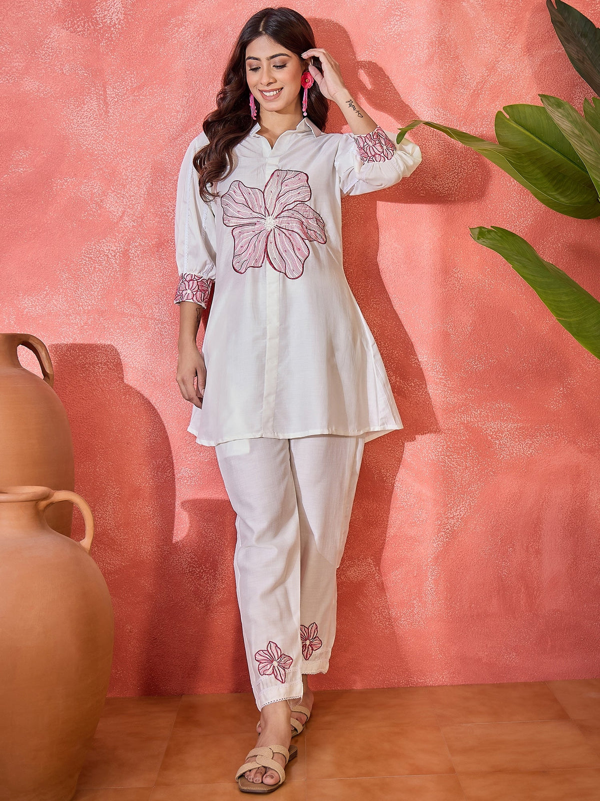 Off White Silk Embroidered Kaftan-Style Kurta Set