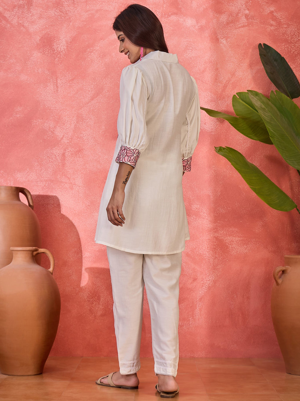 Off White Silk Embroidered Kaftan-Style Kurta Set