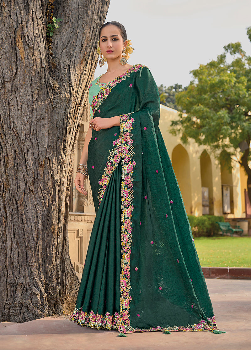 Monjolika Fashion Dark Green Colour Embroidered Organza Silk Party Saree