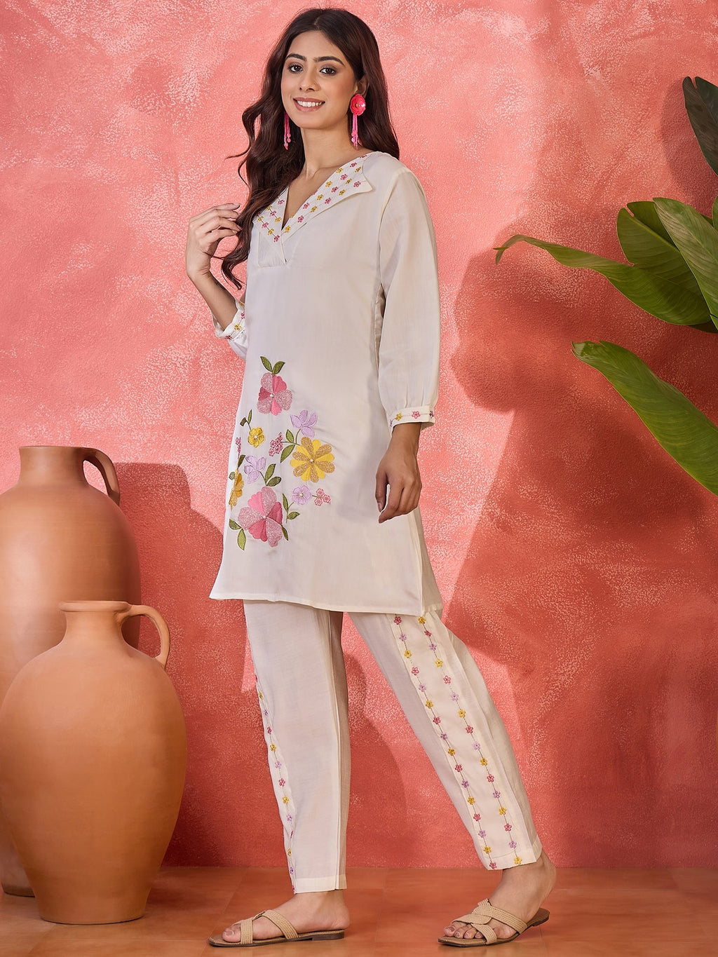 Off White Silk Embroidered Kaftan-Style Kurta Set