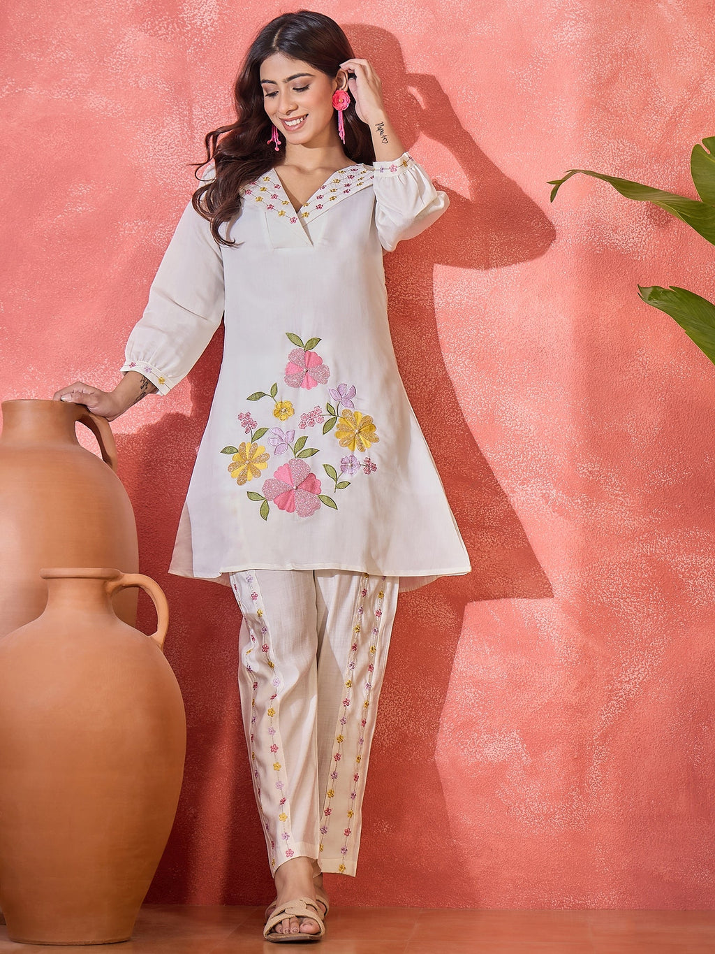 Off White Silk Embroidered Kaftan-Style Kurta Set
