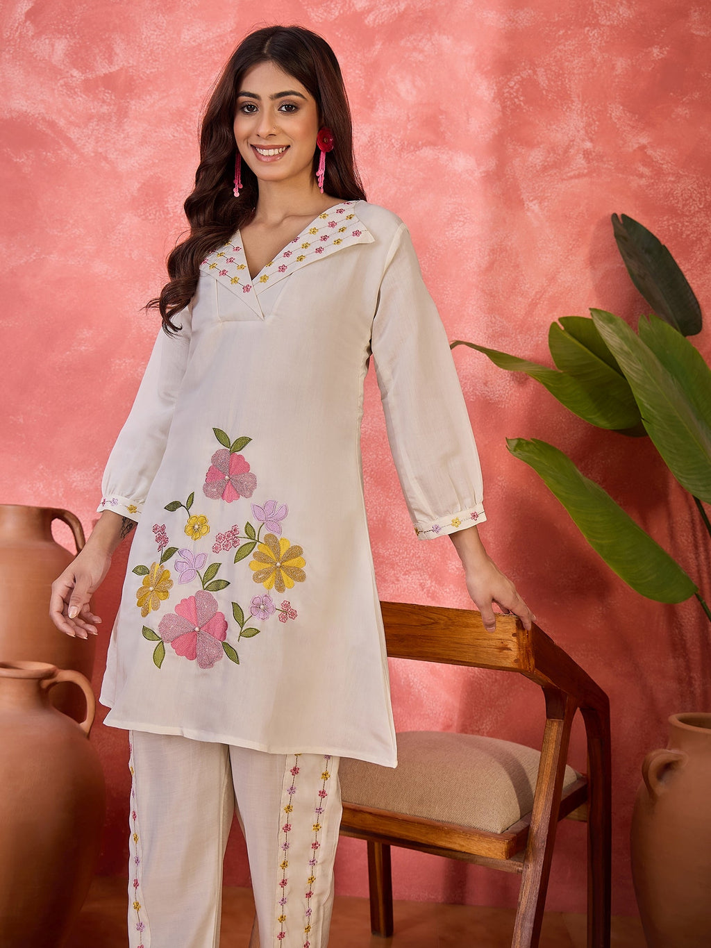 Off White Silk Embroidered Kaftan-Style Kurta Set