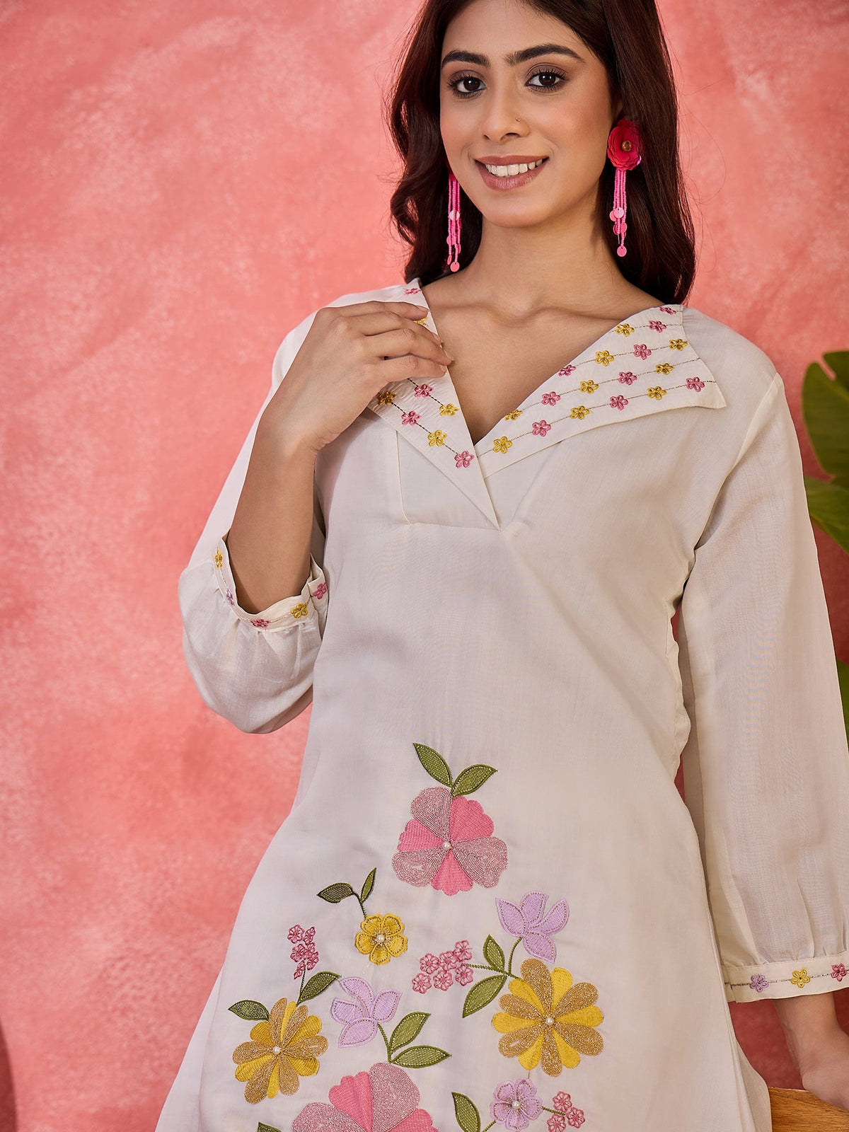 Off White Silk Embroidered Kaftan-Style Kurta Set