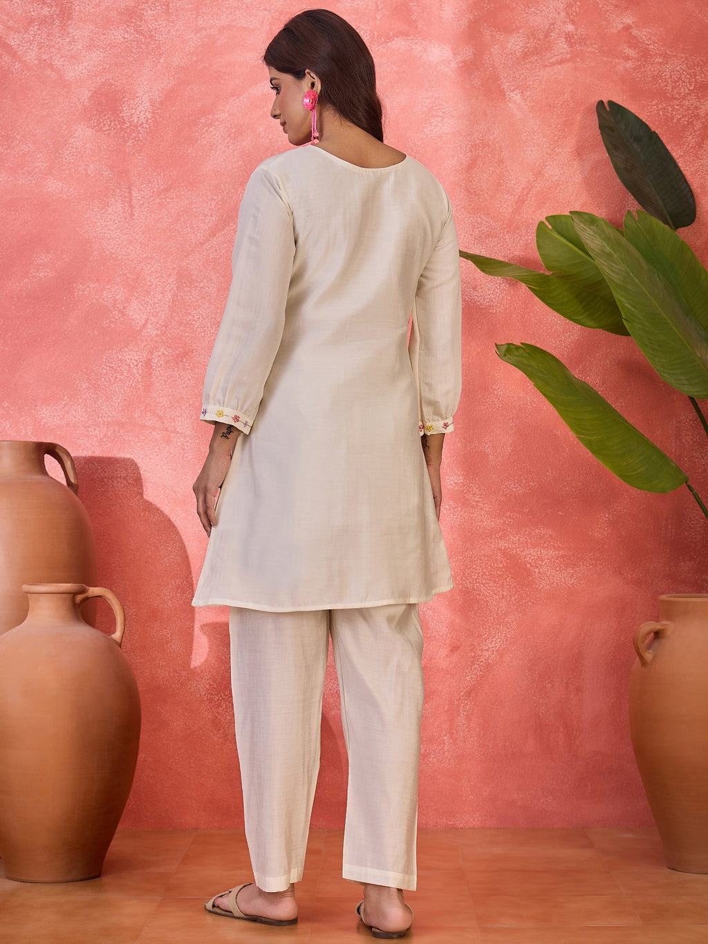 Off White Silk Embroidered Kaftan-Style Kurta Set