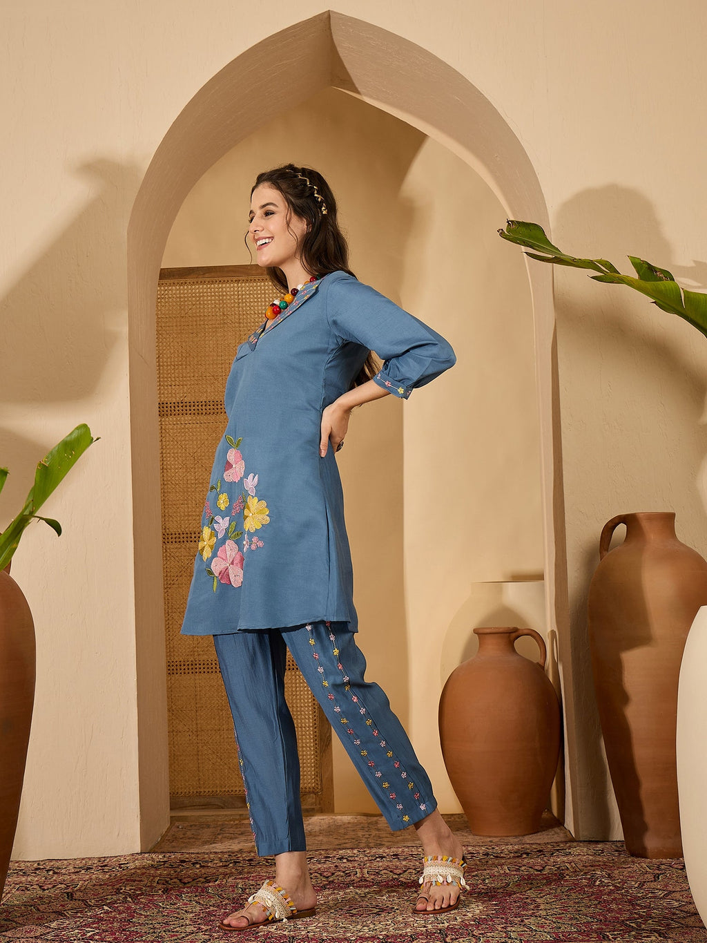 Blue Silk Embroidered Kaftan Kurta Set - Contemporary Ethnic Wear