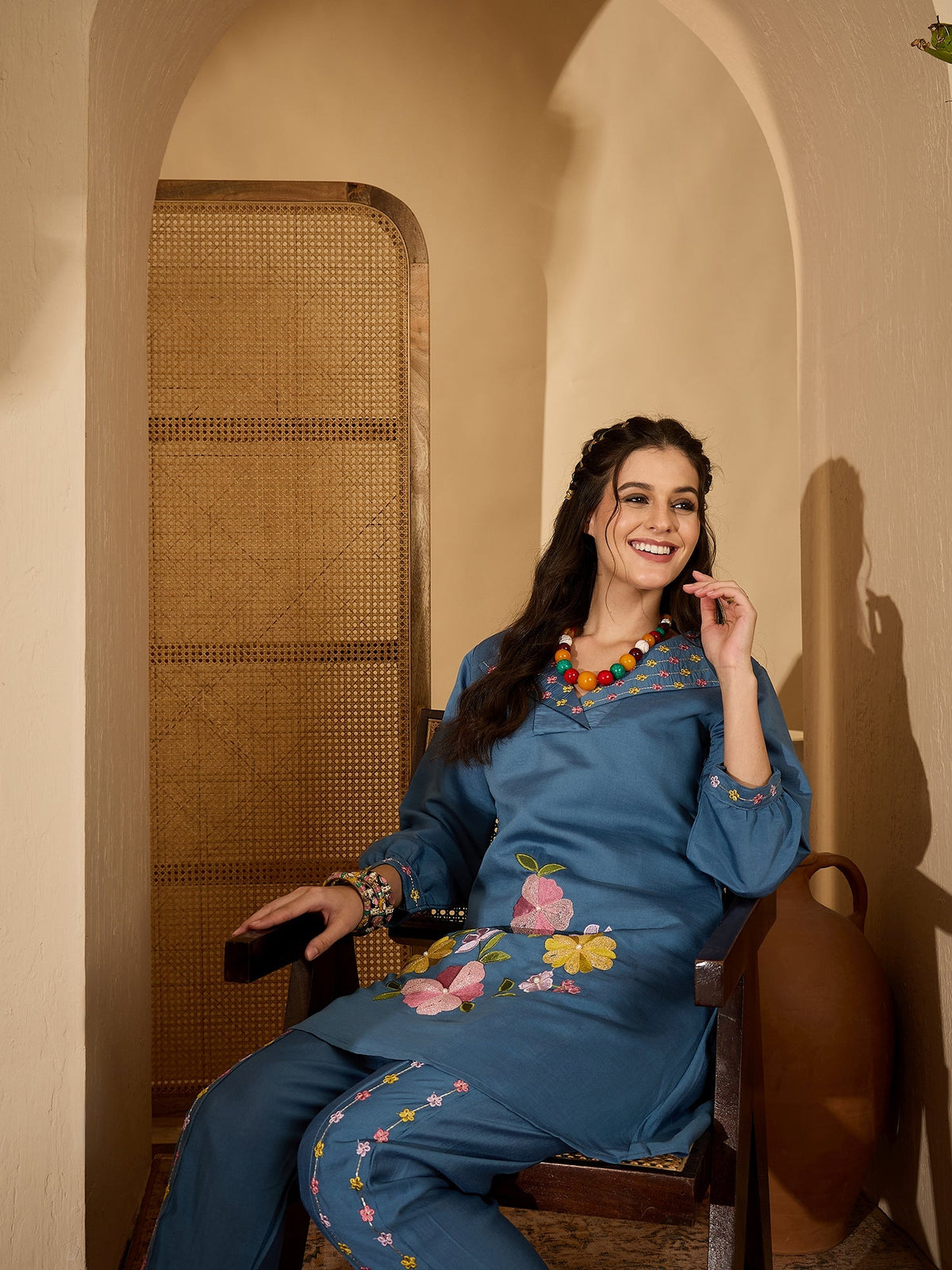 Blue Silk Embroidered Kaftan Kurta Set - Contemporary Ethnic Wear