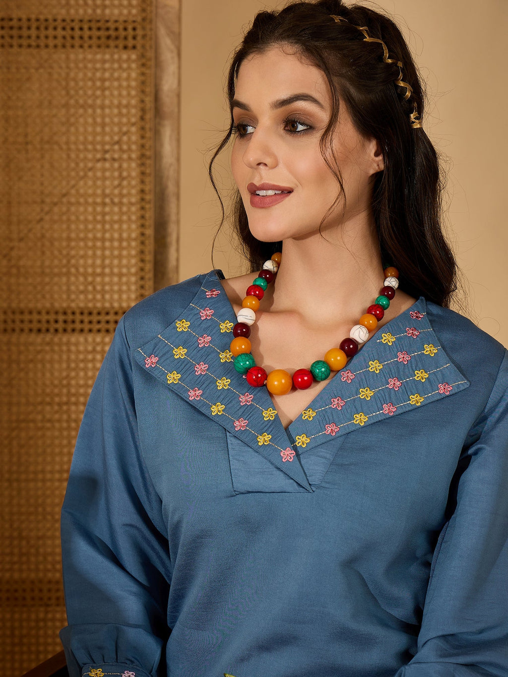 Blue Silk Embroidered Kaftan Kurta Set - Contemporary Ethnic Wear