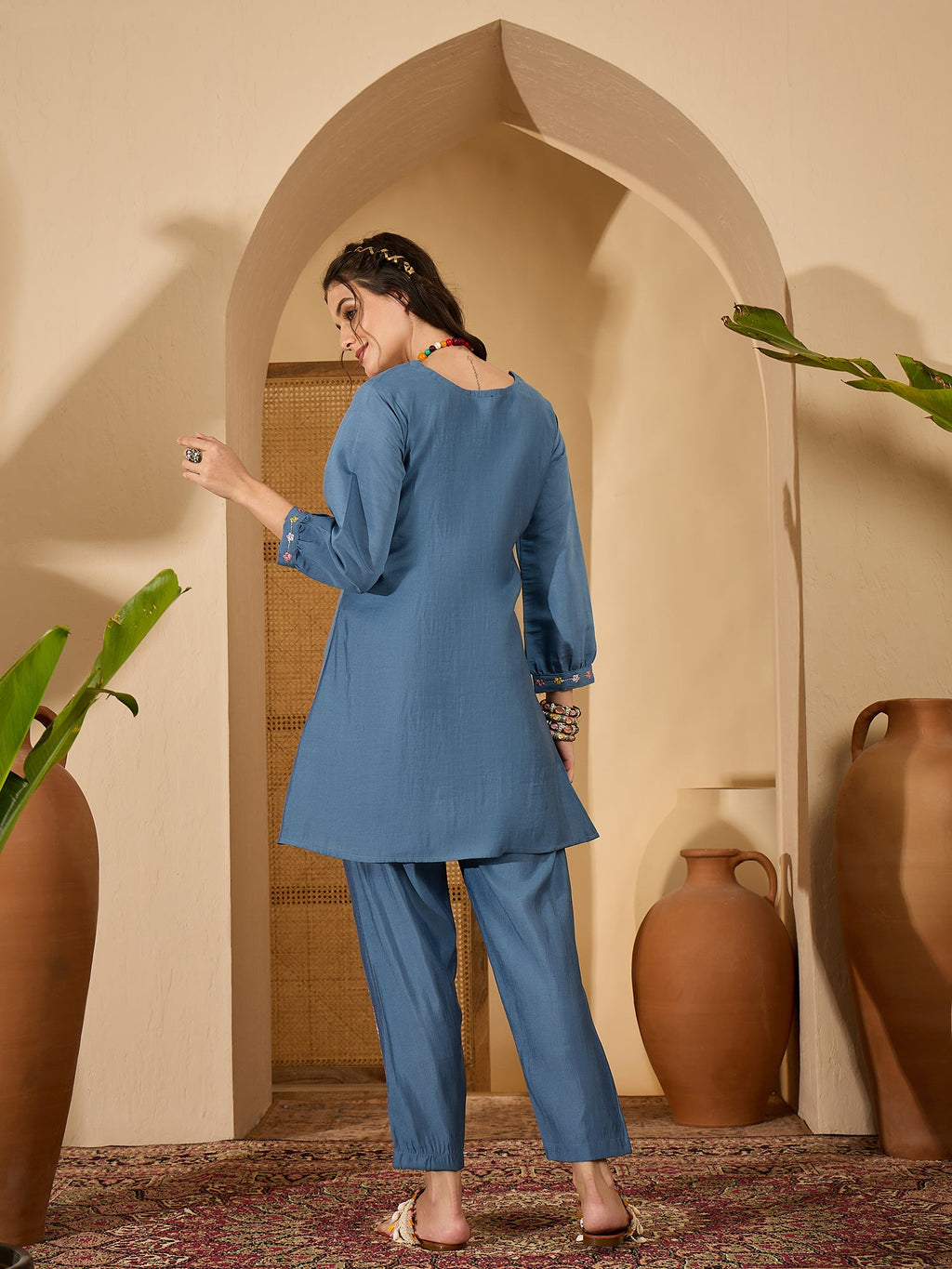 Blue Silk Embroidered Kaftan Kurta Set - Contemporary Ethnic Wear
