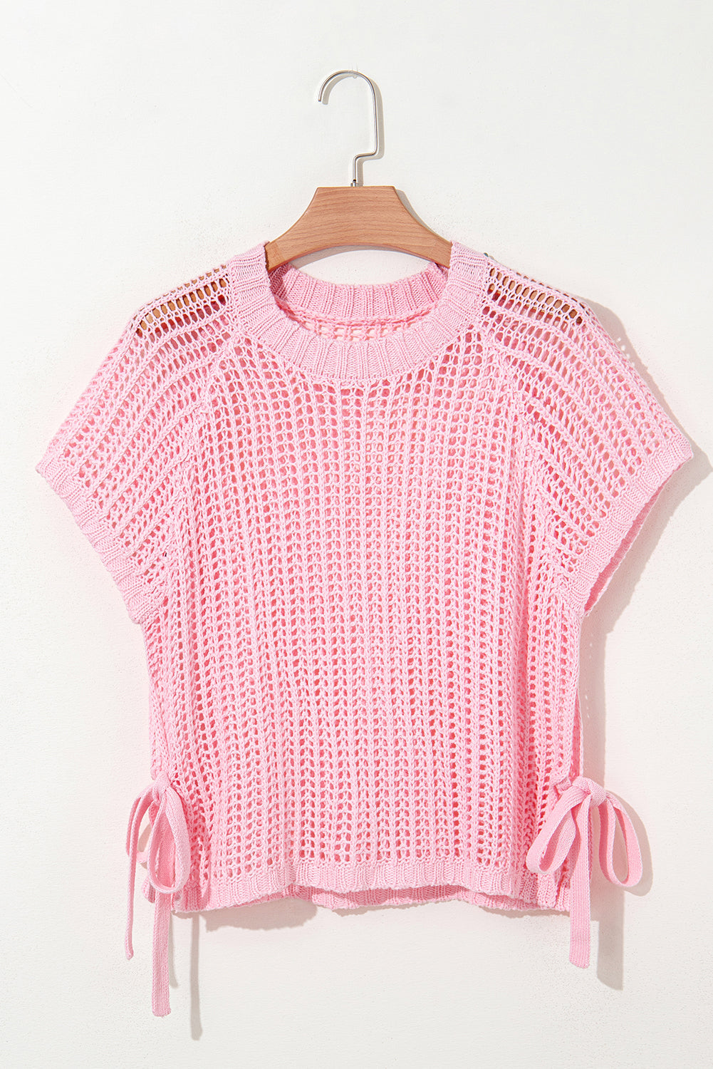 Yellow Hollow-out Crochet Short Sleeve Sweater with Side Ties