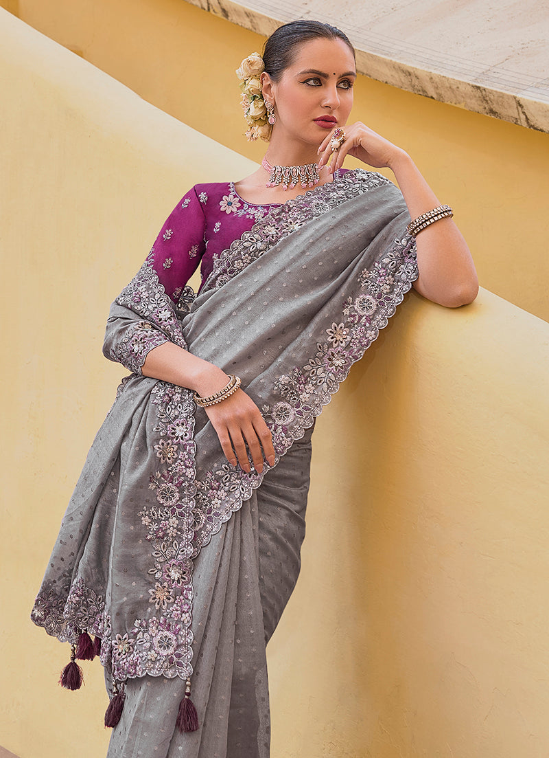 Grey Embroidered Organza Silk Party Saree for Elegant Events