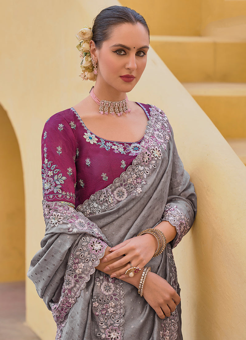 Grey Embroidered Organza Silk Party Saree for Elegant Events