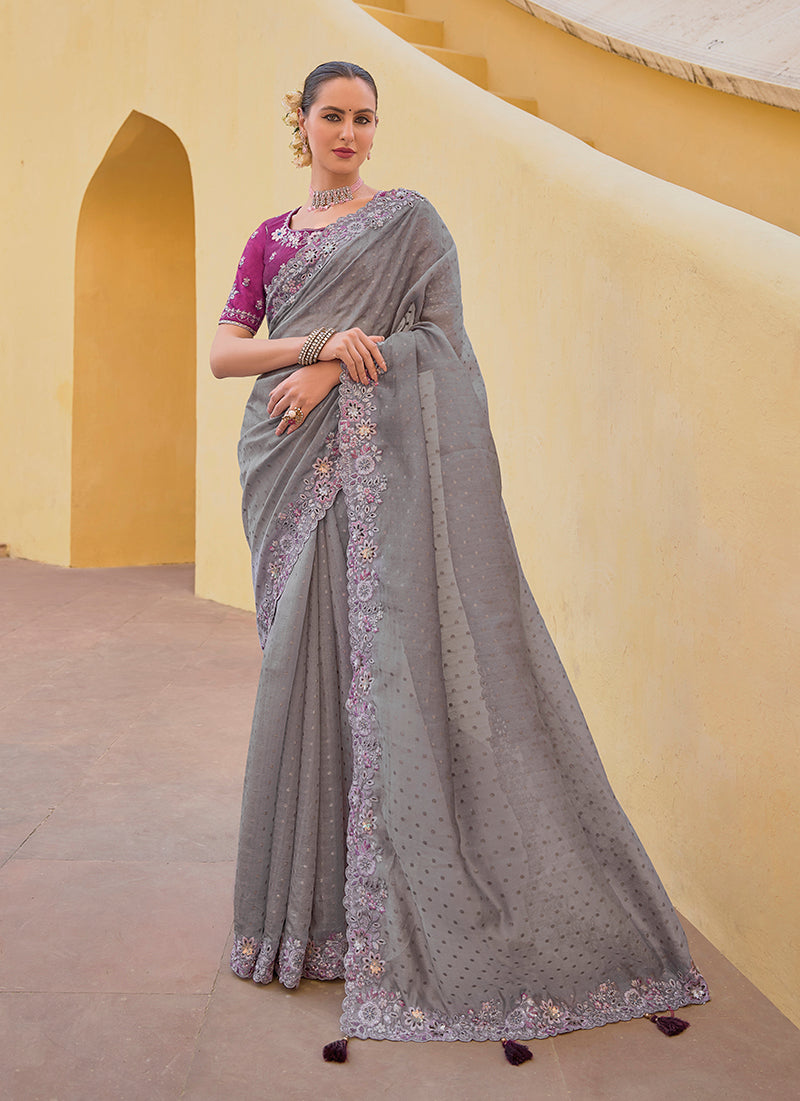 Elegant grey embroidered organza silk saree with detailed work