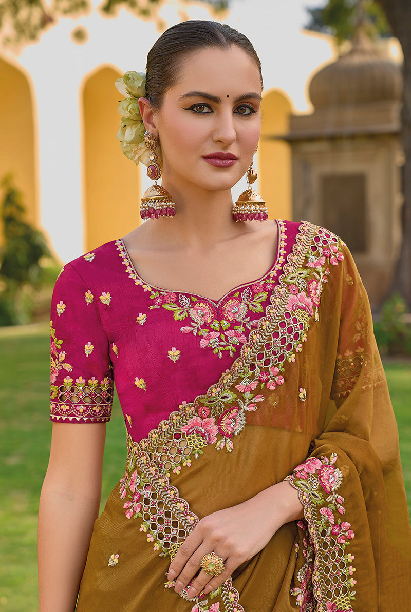 Light Brown Organza Silk Embroidered Party Saree