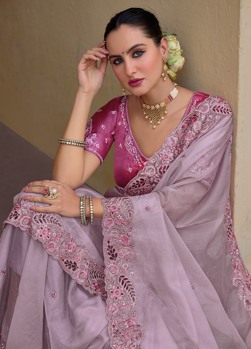Baby Pink Embroidered Organza Silk Party Saree for Toddler Girls