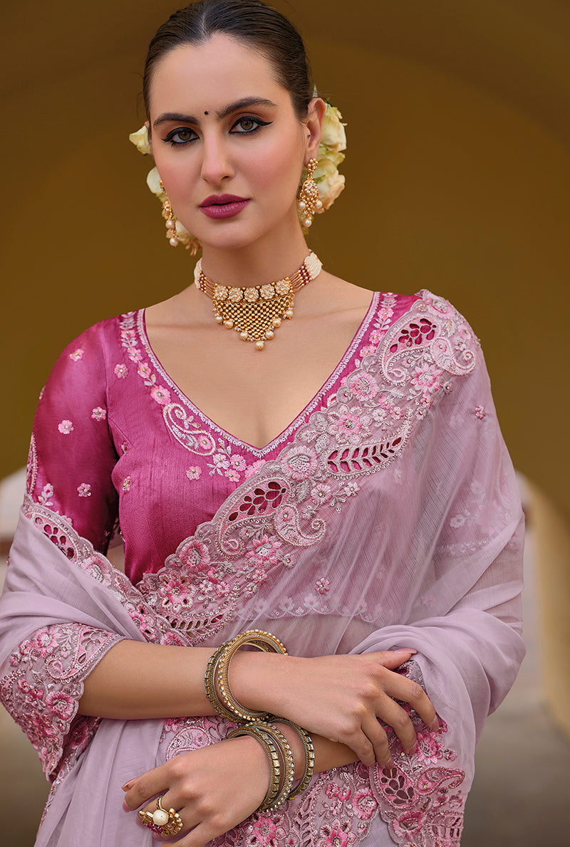 Baby Pink Embroidered Organza Silk Party Saree for Toddler Girls